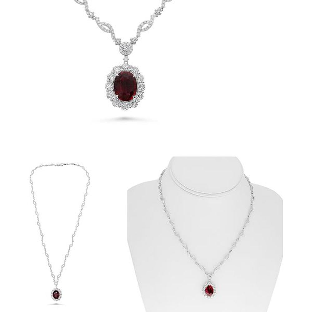 Roman & Jules - 18K White Gold GIA Certified Oval Ruby Halo Necklace with 5.30 Carat Round Diamonds - 4.15 Carat Ruby