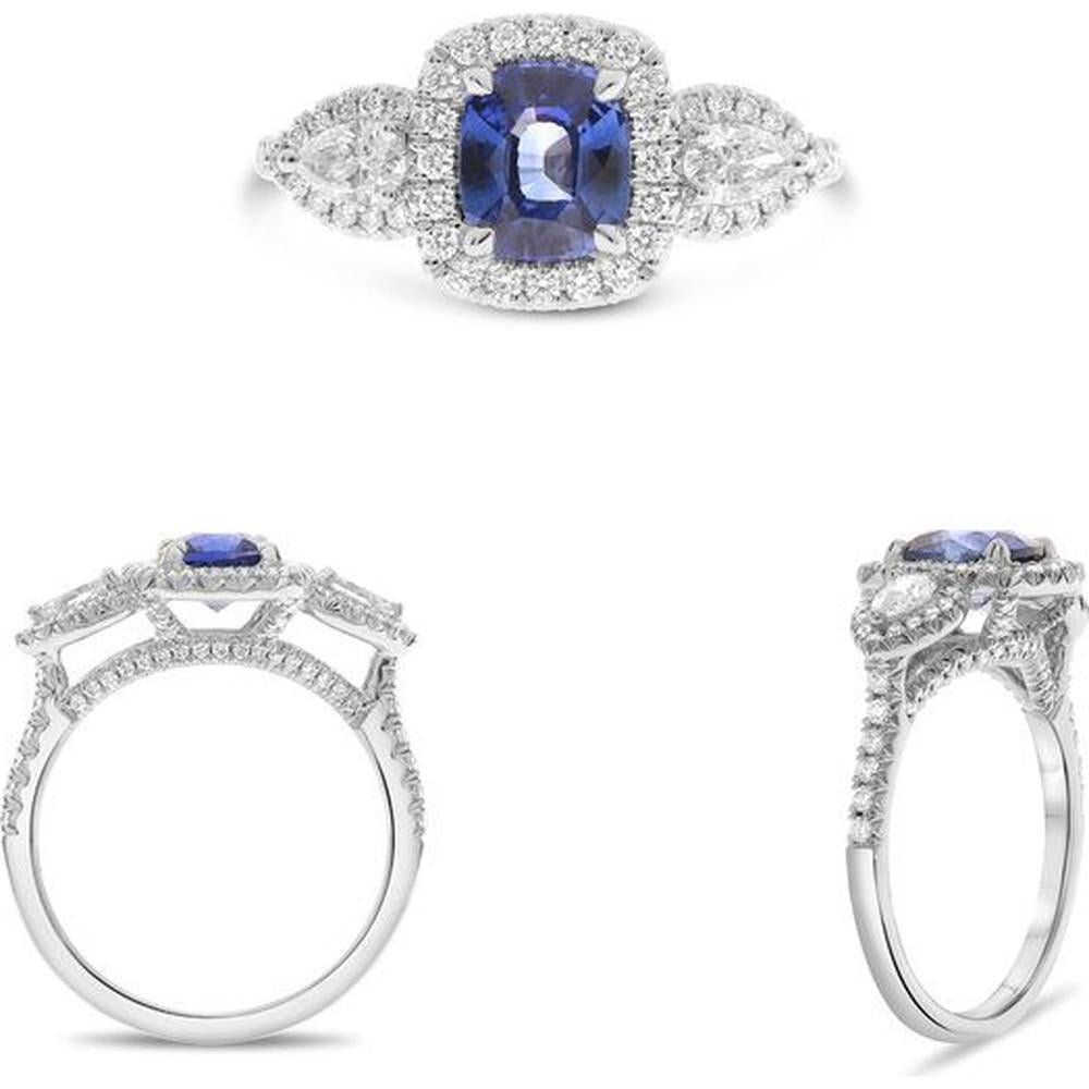 Roman & Jules - 18K White Gold Halo Cushion Cut Sapphire and Round Diamond Ring - 1.60 Carat Total Gemstone Weight