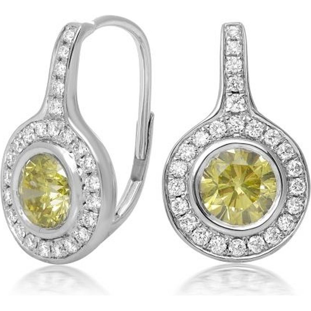 Roman & Jules - 18K White Gold Halo Earrings with Color-Enhanced Yellow Round Diamonds - 1.44 Carat Total Diamond Weight