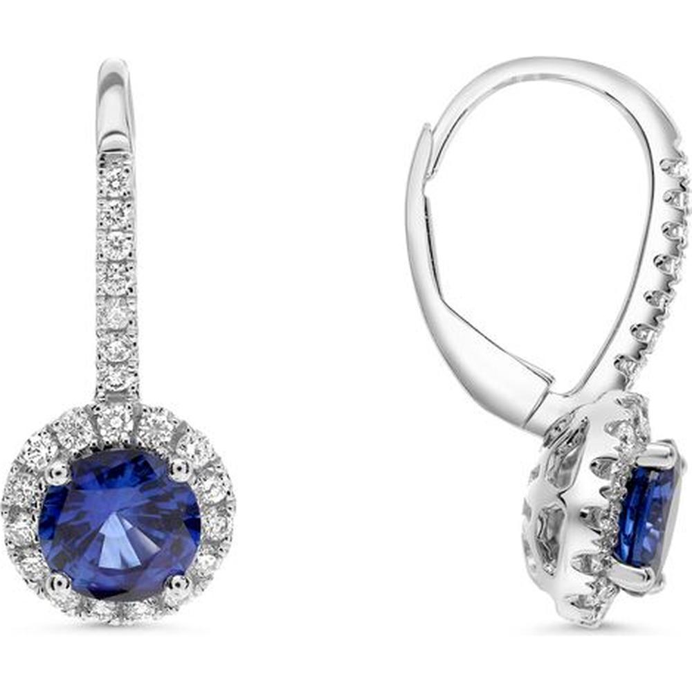 Roman & Jules - 18K White Gold Halo Earrings with Round Blue Sapphire and Diamond Accent - 1.66 Carat Total Gem Weight