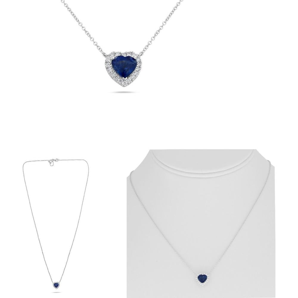 Roman & Jules - 18K White Gold Halo Heart Shaped Sapphire Necklace with Round Diamonds - 1.63 Carat Sapphire, 0.16 Carat Diamond Total Weight