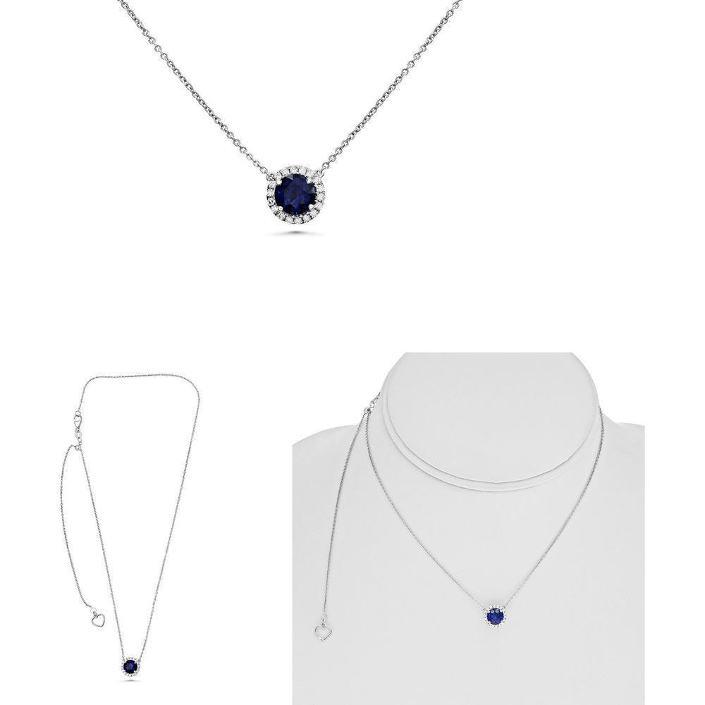 Roman & Jules - 18K White Gold Halo Necklace with 1.24 Carat Round Sapphire and 0.12 Carat Round Diamonds