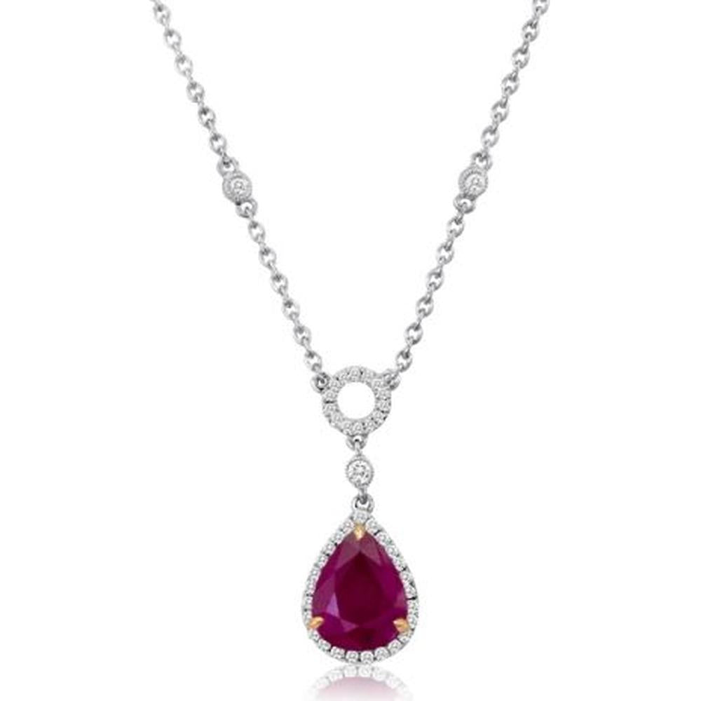 Roman & Jules - 18K White Gold Halo Pendant Necklace with 3.39 Carat Pear Shape Ruby and 0.37 Carat Total Diamond Weight