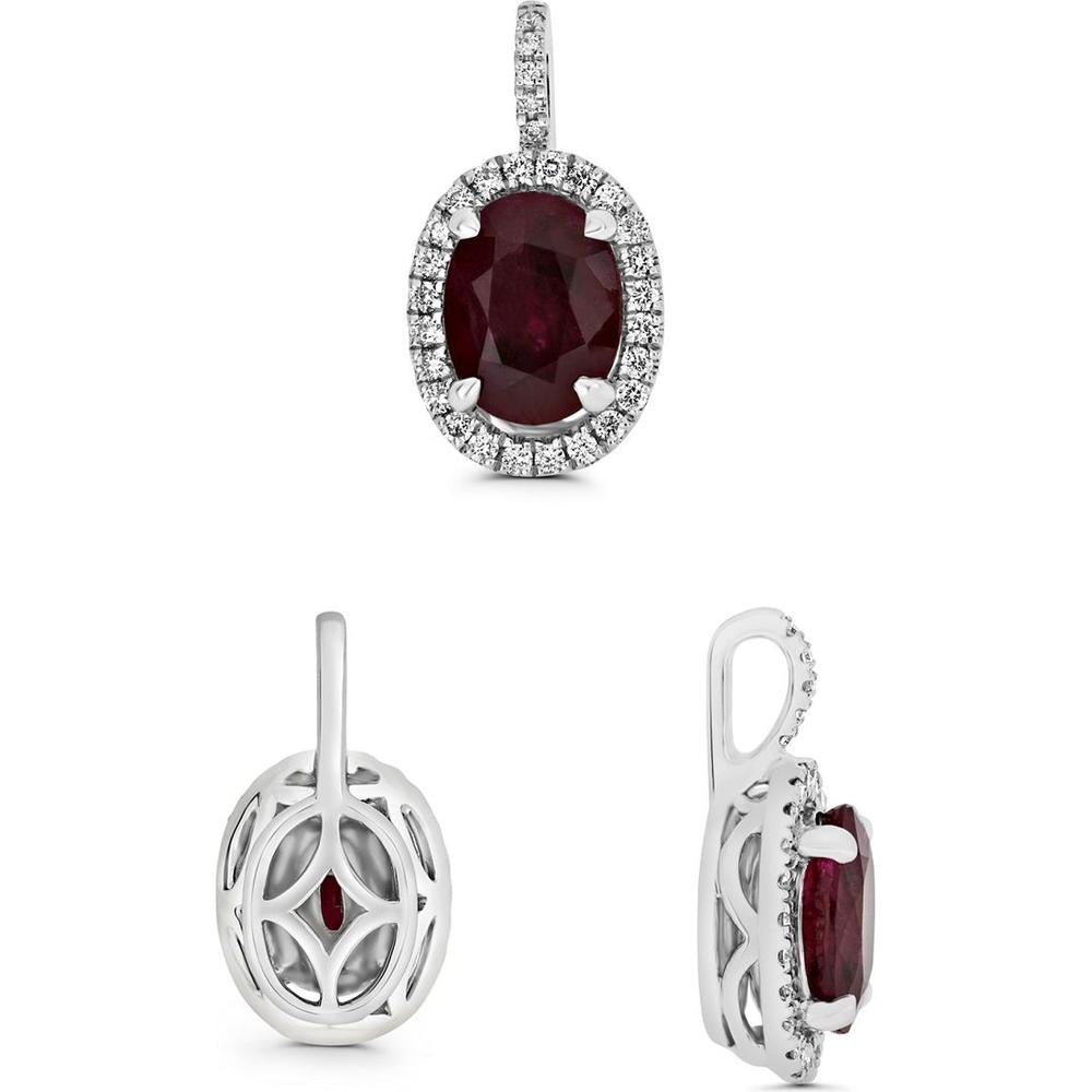 Roman & Jules - 18K White Gold Halo Pendant with 1.50 Carat Round Diamonds and 1.50 Carat Ruby Center