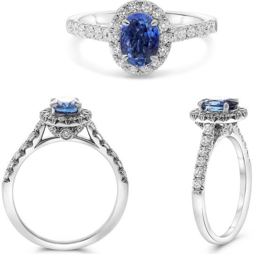 Roman & Jules - 18K White Gold Halo Ring with 0.89 Carat Oval Sapphire and 0.49 Carat Round Diamonds