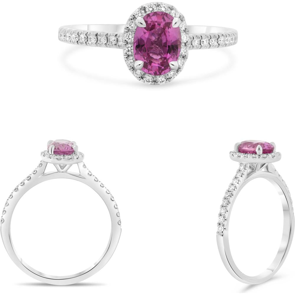 Roman & Jules - 18K White Gold Halo Ring with Oval Pink Sapphire and Round Diamonds - 1.00 Carat Total Diamond Weight