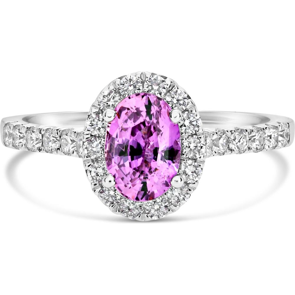 Roman & Jules - 18K White Gold Halo Ring with Oval Pink Sapphire and Round Diamonds - 1.77 Carat Total Gem Weight