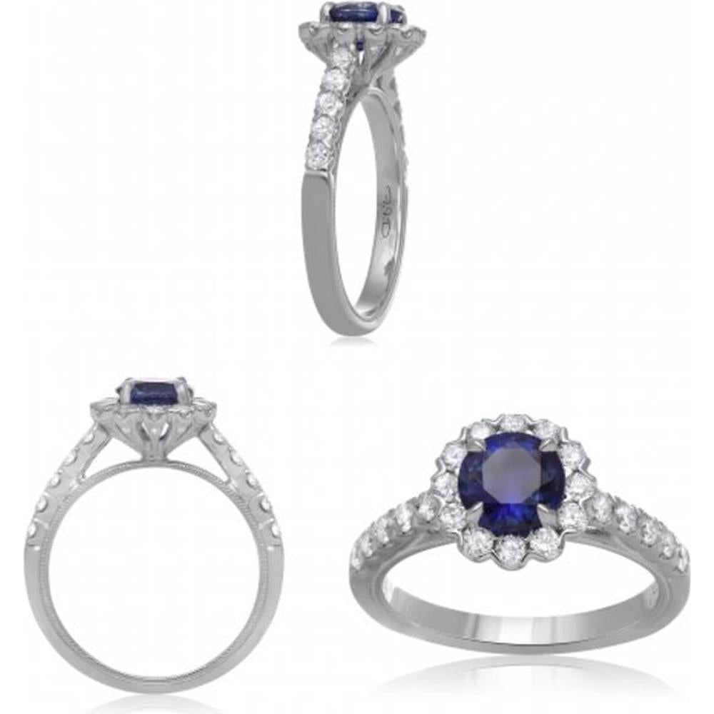 Roman & Jules - 18K White Gold Halo Round Sapphire Ring with 0.67 Carat Diamonds - 1.57 Carat Total Sapphire Weight