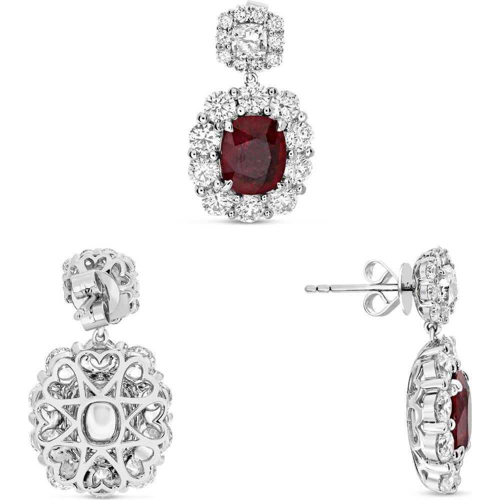 Roman & Jules - 18K White Gold Halo Ruby and Diamond Drop Earrings - 3.24 Carat Total Ruby Weight