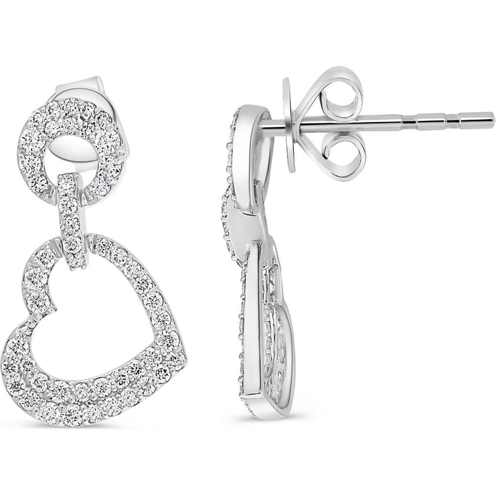 Roman & Jules - 18K White Gold Hanging Heart Earrings with 0.60 Carat Round Diamonds - Total Diamond Weight 0.60 Carat