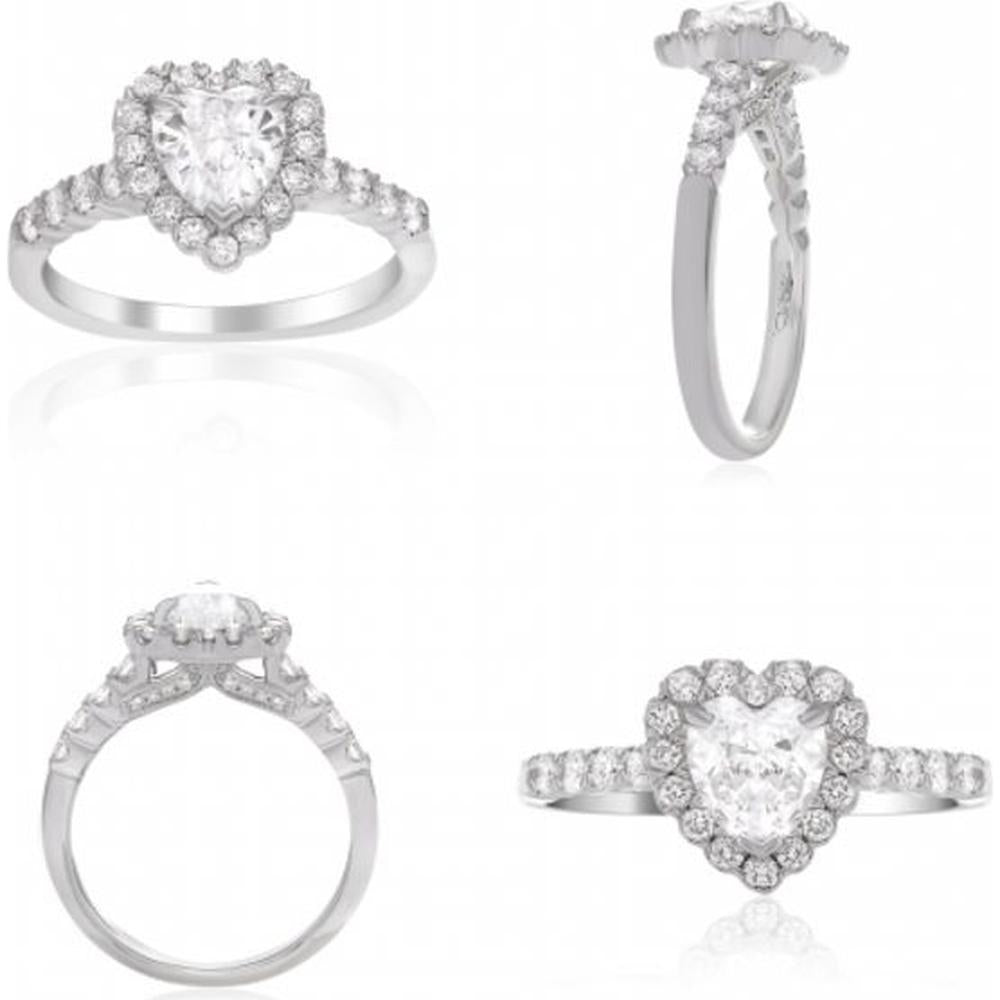 Roman & Jules - 18K White Gold Heart Shaped Diamond Ring with Halo - 1.01 Carat Total Diamond Weight