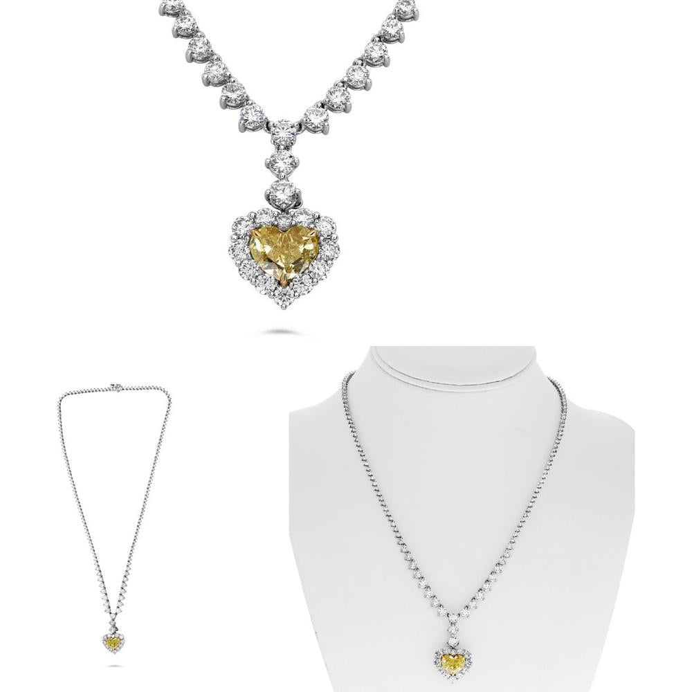 Roman & Jules - 18K White Gold Heart-Shaped Fancy Yellow Diamond Necklace with Round Diamonds - 5.01 Carat Total Diamond Weight