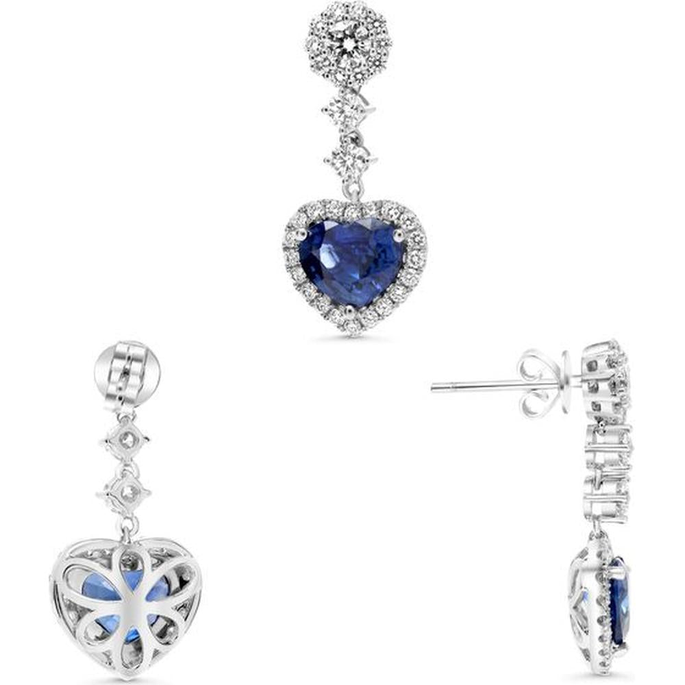 Roman & Jules - 18K White Gold Heart Shaped Sapphire Earrings with Round Diamonds - 2.62 Carat Total Gem Weight