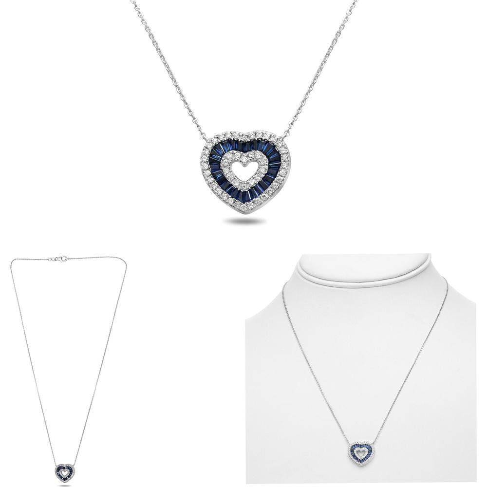 Roman & Jules - 18K White Gold Heart-Shaped Sapphire Necklace with Round Diamonds - 1.15 Carat Total Gem Weight