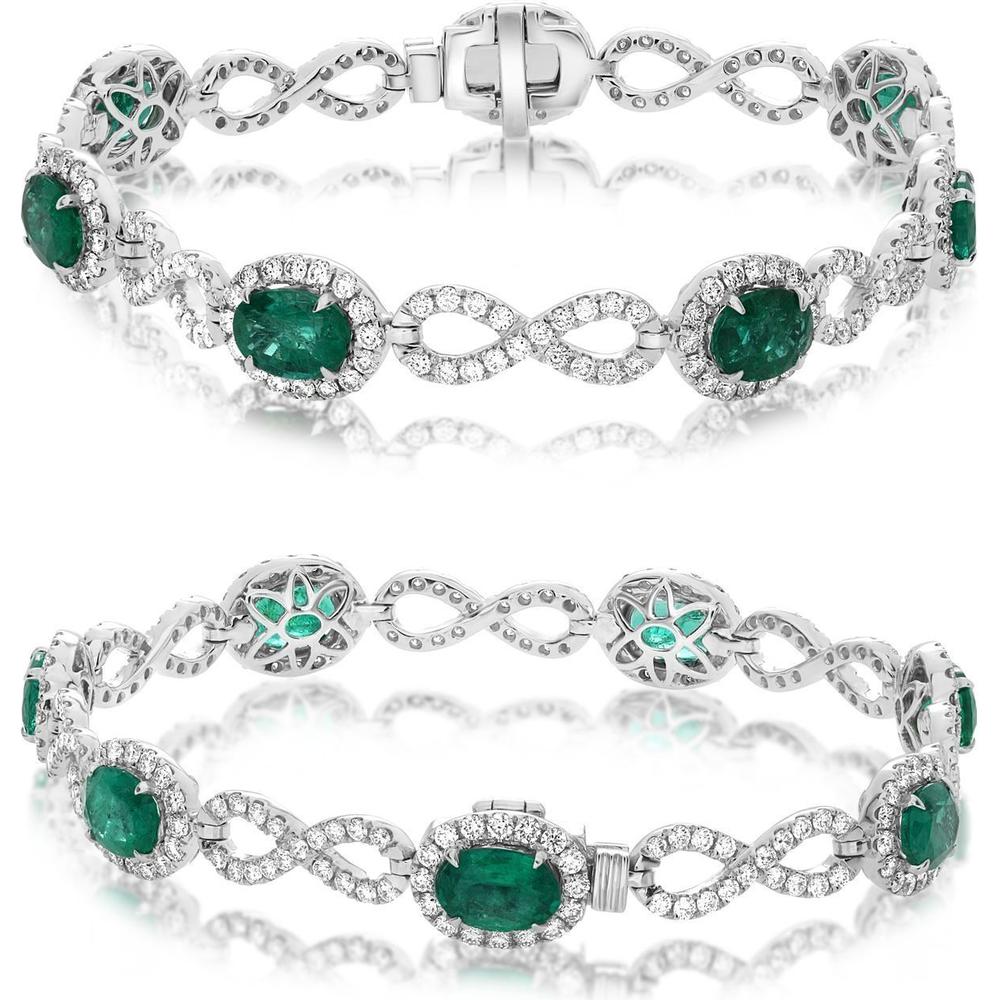Roman & Jules - 18K White Gold Infinity Bracelet with Emeralds and Diamond Halo - 2.46 Carat Total Diamond Weight, 5.00 Carat Total Emerald Weight