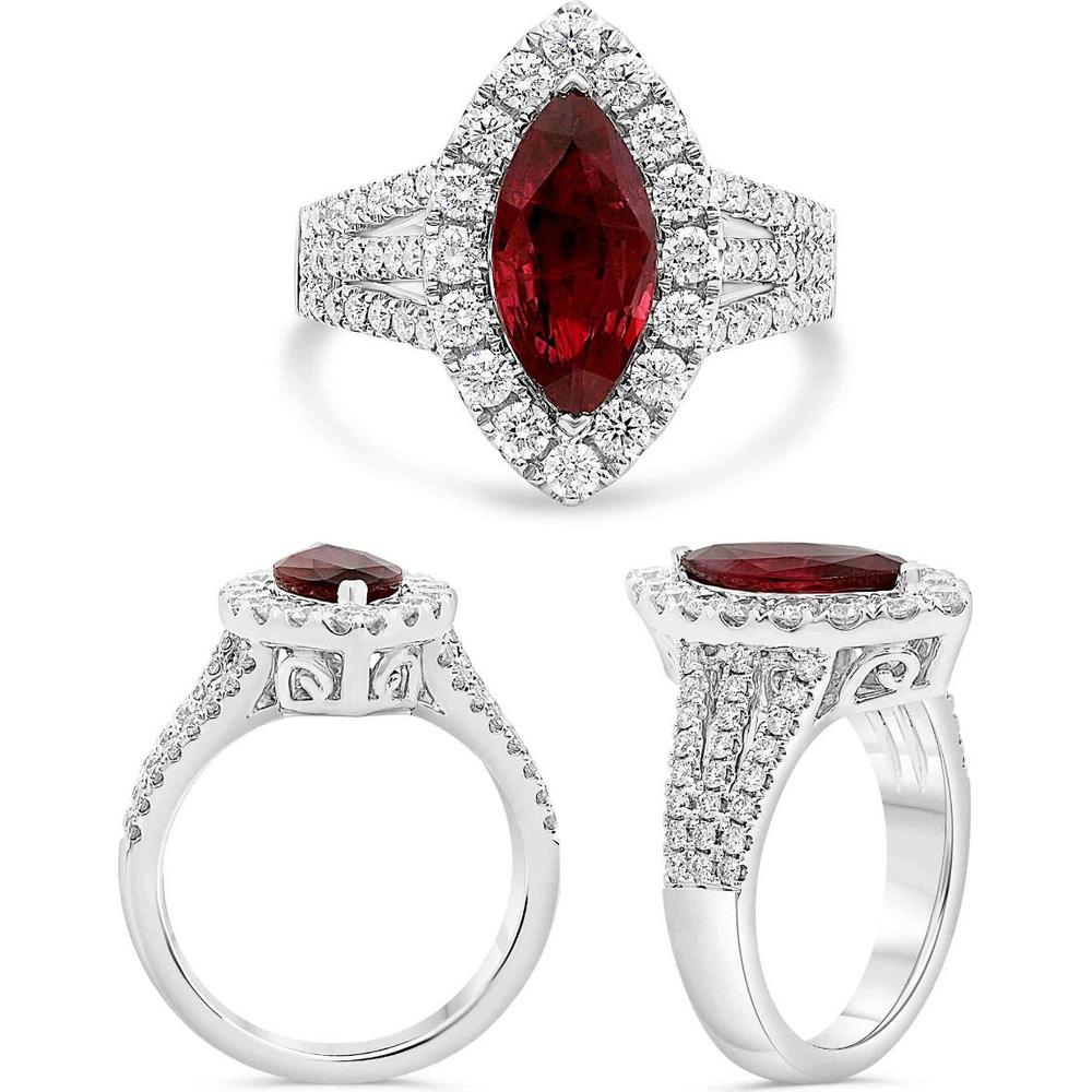 Roman & Jules - 18K White Gold Marquise Cut Ruby & Diamond Halo Ring - 1.99 Carat Ruby, 1.00 Carat Diamond Total Weight