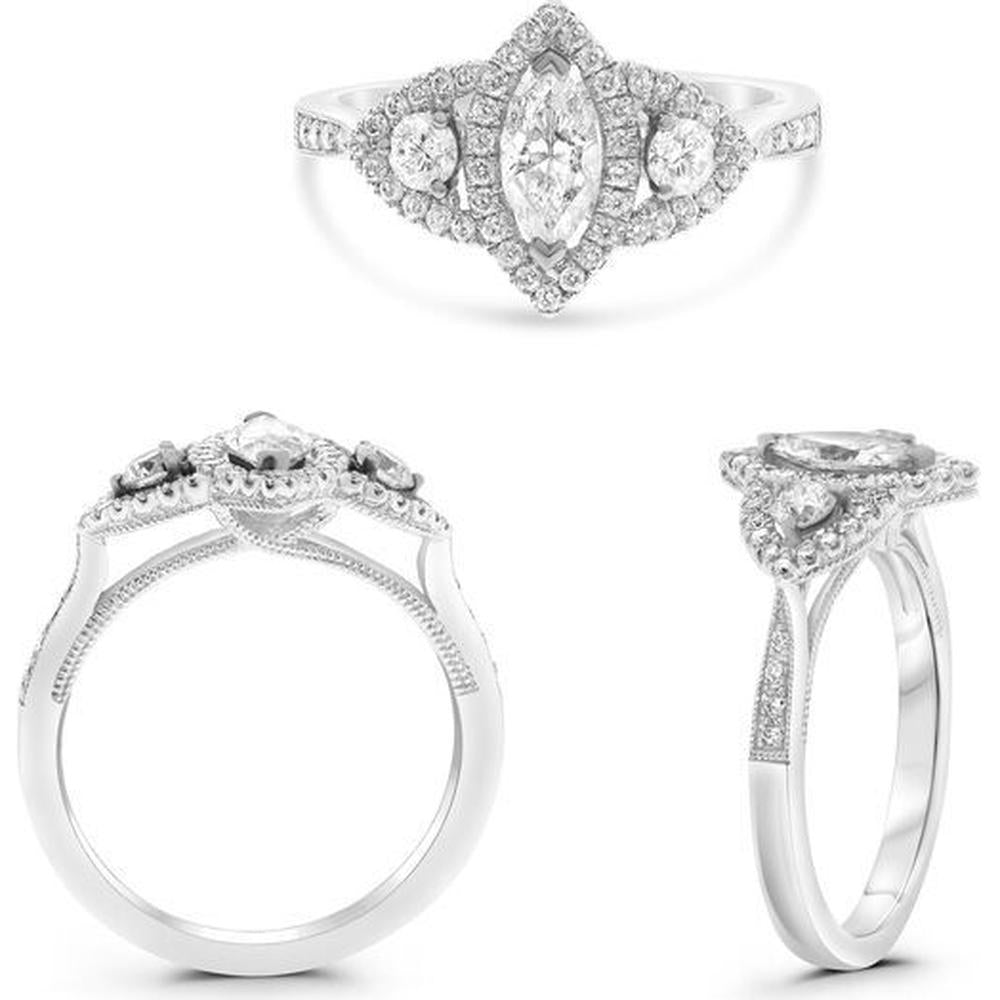 Roman & Jules - 18K White Gold Marquise Diamond Ring with Halo of Round Diamonds - 1.00 Carat Total Diamond Weight
