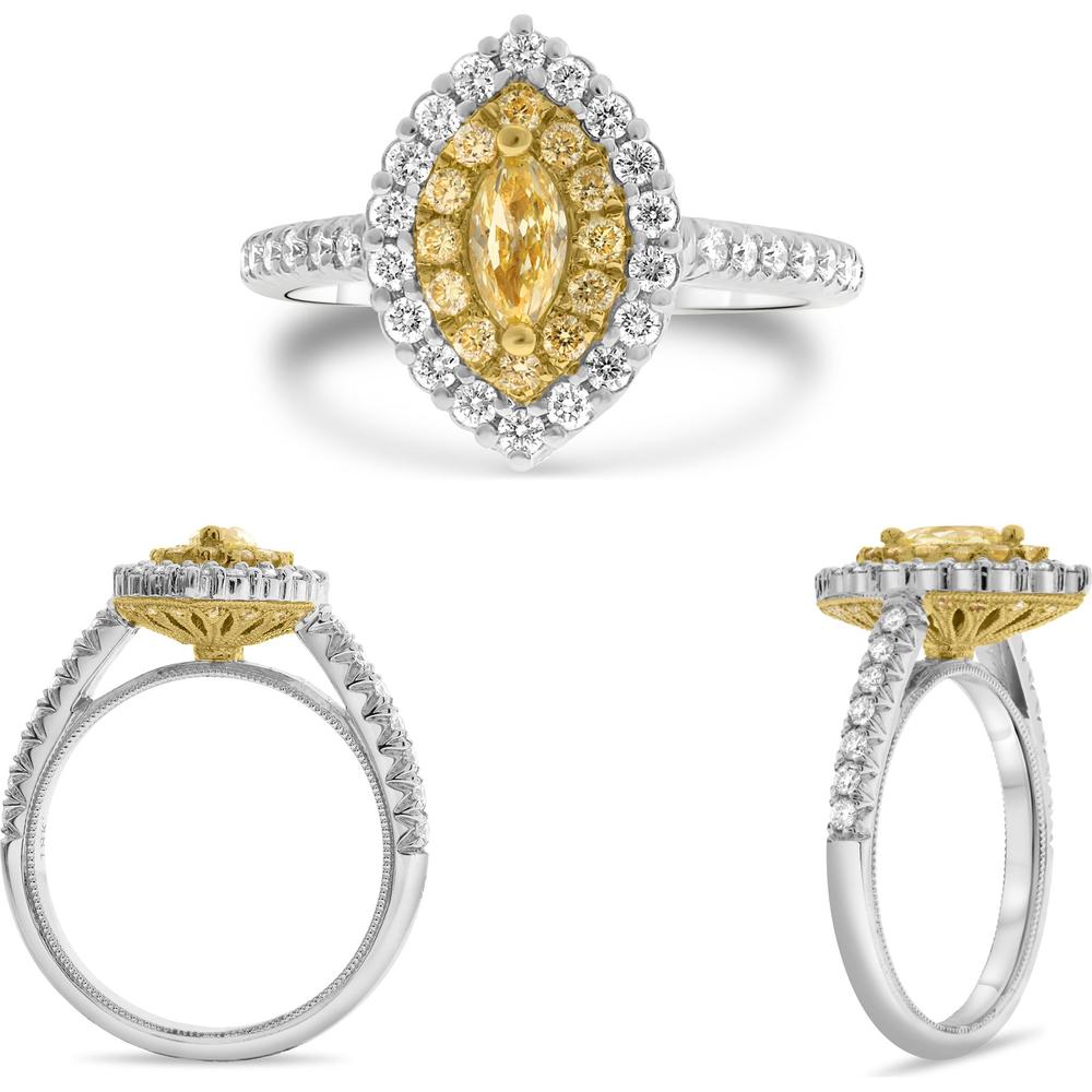 Roman & Jules - 18K White Gold Marquise Fancy Yellow Diamond Halo Ring with Round White Diamonds - 0.48 Carat Total Diamond Weight