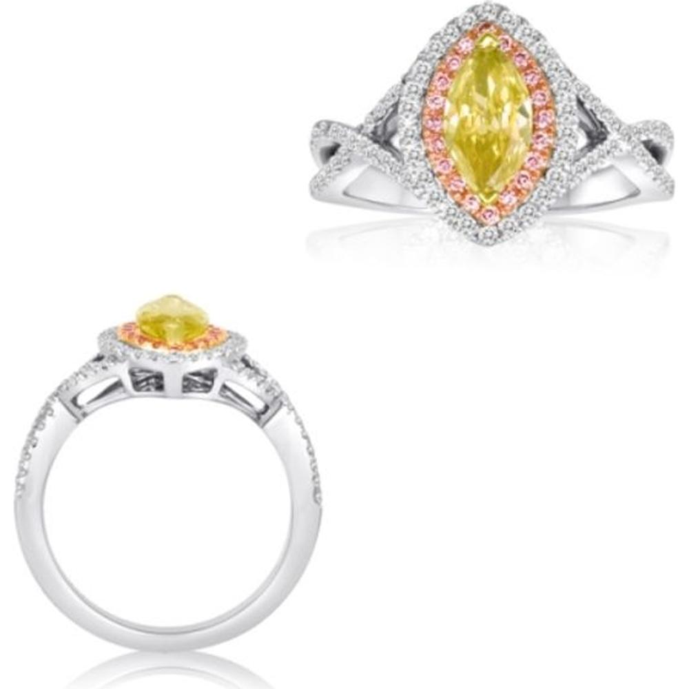 Roman & Jules - 18K White Gold Marquise Fancy Yellow Diamond Ring with Pink and Round Diamonds - 1.03 Carat Total Diamond Weight