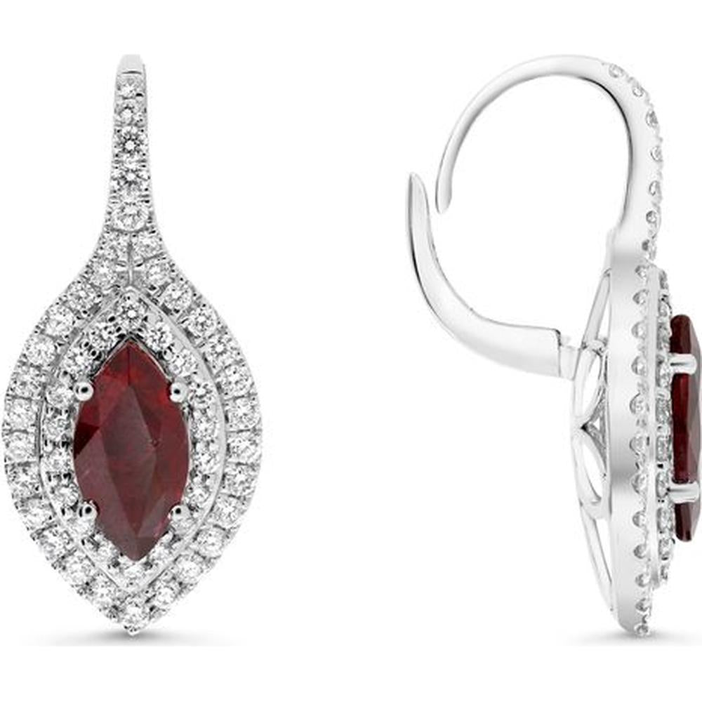 Roman & Jules - 18K White Gold Marquise Ruby Earrings with Round Diamond Halo - 2.04 Carat Total Ruby Weight