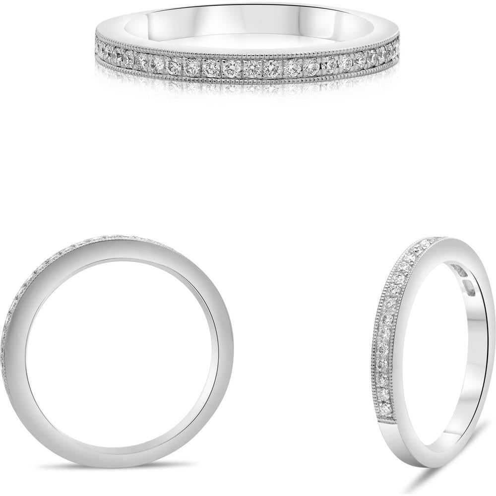 Roman & Jules - 18K White Gold Milgrain Band with Round Cut Diamonds - 0.17 Carat Total Diamond Weight