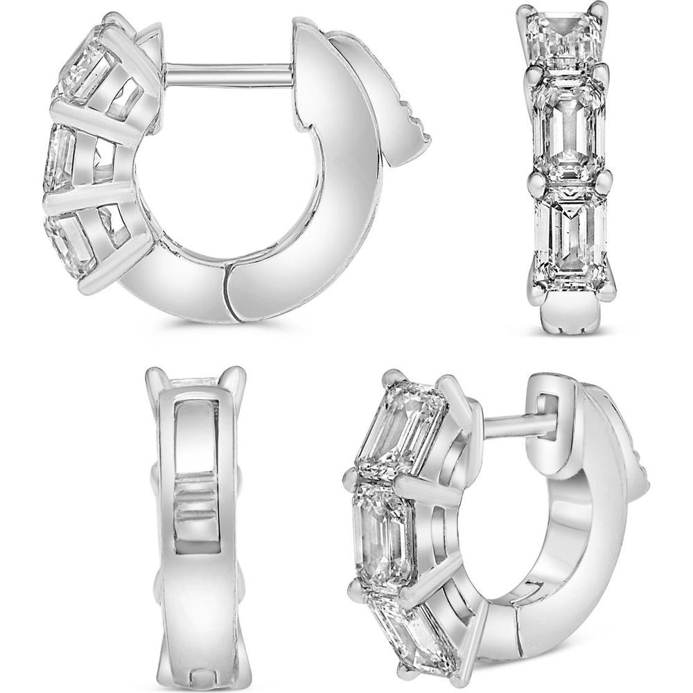 Roman & Jules - 18K White Gold Mini Hoop Earrings with Emerald-Cut Diamonds - 1.26 Carat Total Diamond Weight