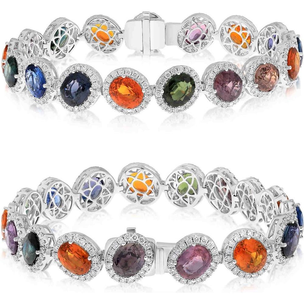 Roman & Jules - 18K White Gold Mixed Sapphire and Diamond Tennis Bracelet with GIA-Certified Sapphires - 25.90 Carat Total Sapphire Weight, 3.09 Carat Total Diamond Weight