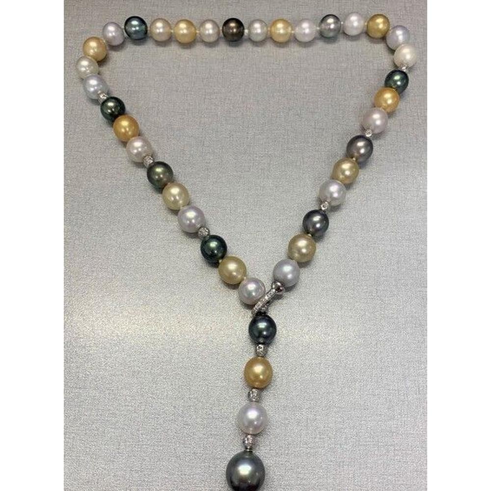 Roman & Jules - 18K White Gold Multicolor Pearl Necklace with 0.23 Carat Round Diamond Accents - 16.7-12.7mm Pearl Strand