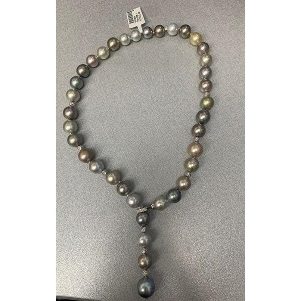 Roman & Jules - 18K White Gold Multicolor Pearl Necklace with 0.23 Carat Round Diamond Accents