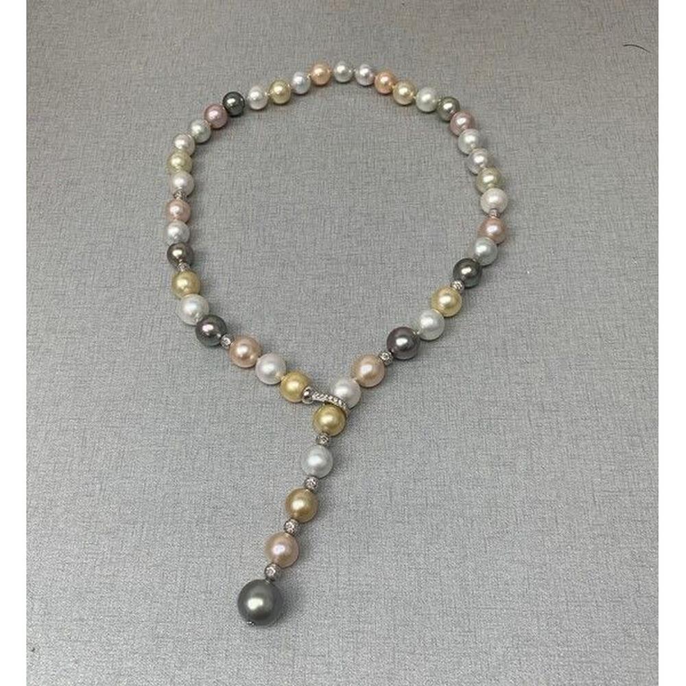 Roman & Jules - 18K White Gold Multicolor Pearl Y-Drop Necklace with 11.8-9.0mm Pearls