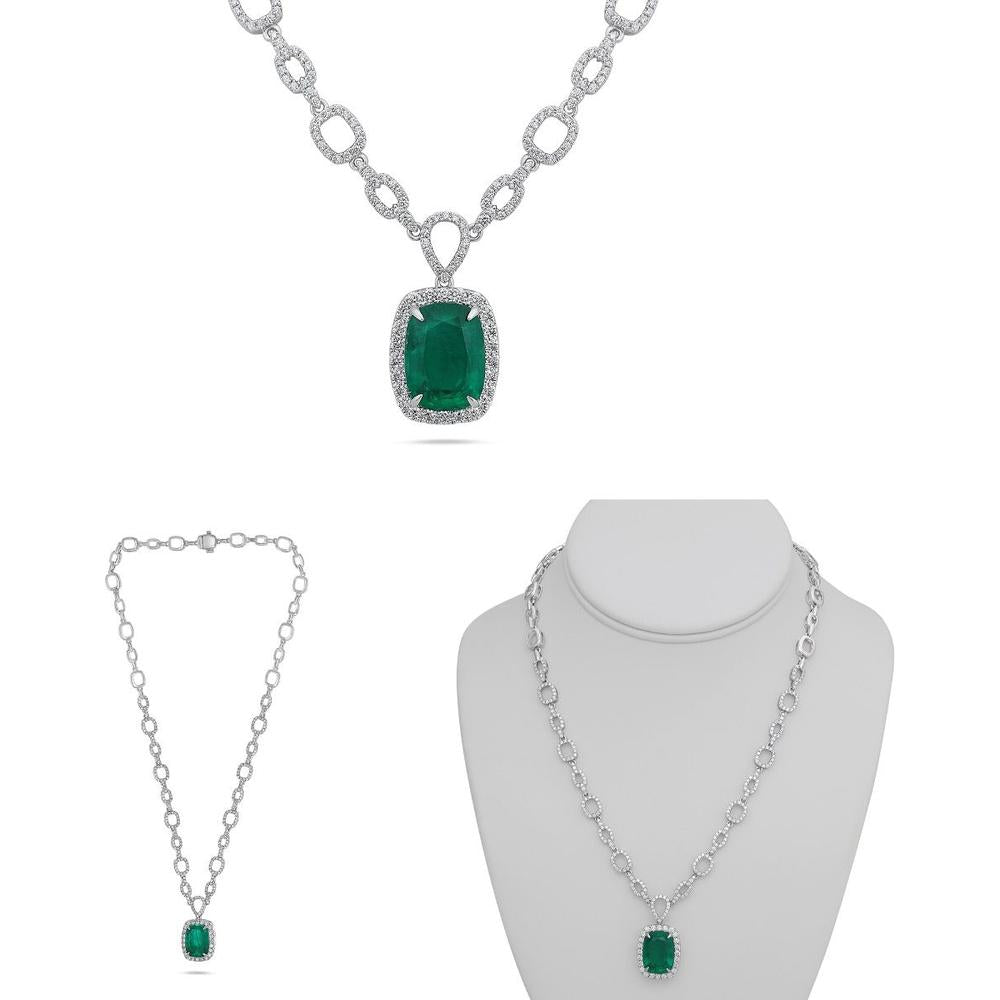 Roman & Jules - 18K White Gold Necklace with 8.62 Carat Cushion Cut Emerald and Round Diamonds - GIA Certified