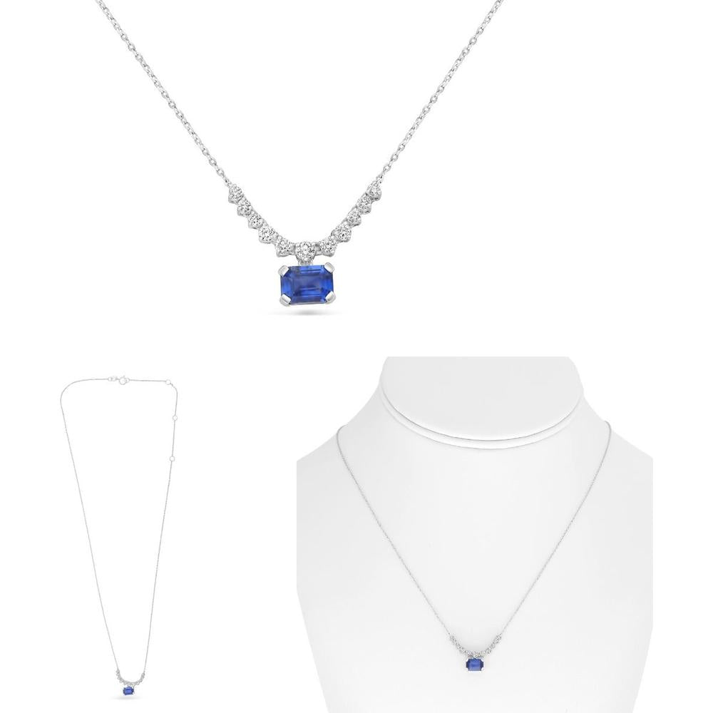 Roman & Jules - 18K White Gold Necklace with Emerald Cut Sapphire and Round Diamonds - 1.09 Carat Total Weight
