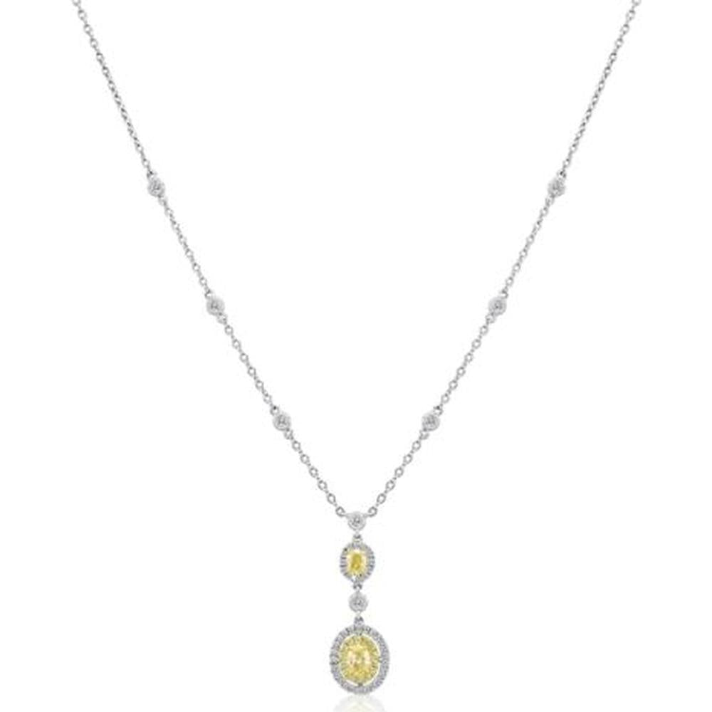 Roman & Jules - 18K White Gold Necklace with Fancy Yellow Oval Diamond and Round Diamonds - 1.12 Carat Total Diamond Weight