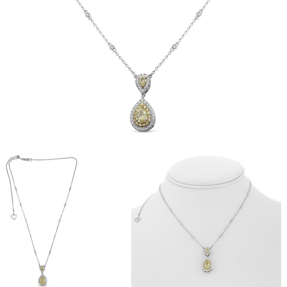 Roman & Jules - 18K White Gold Necklace with Fancy Yellow Pear Shape Diamond and Halo Round Diamonds - 1.56 Carat Total Diamond Weight