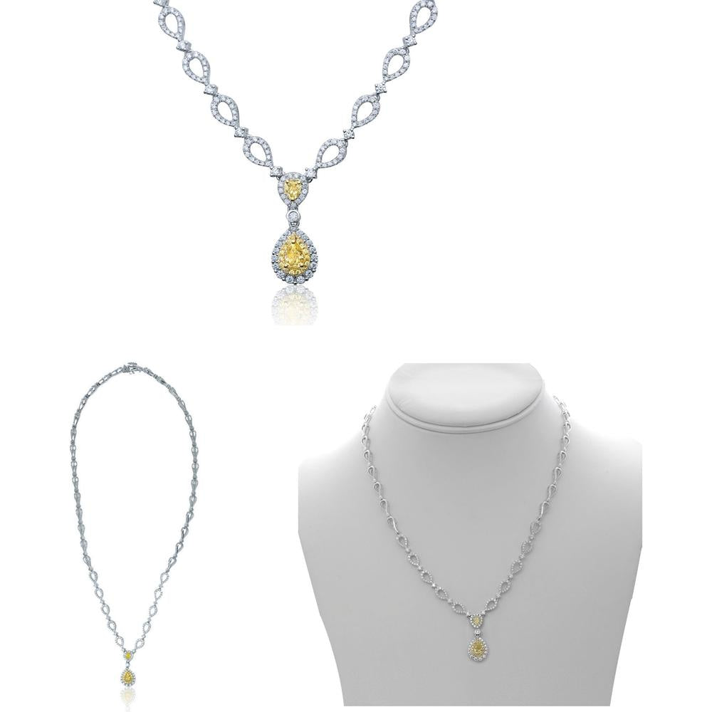 Roman & Jules - 18K White Gold Necklace with Fancy Yellow Pear-Shaped Diamond and Round White Diamonds - 1.28 Carat Total Diamond Weight