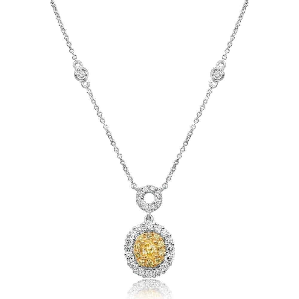 Roman & Jules - 18K White Gold Necklace with Oval Fancy Yellow Diamond and Round Diamond Halo - 0.80 Carat Total Diamond Weight