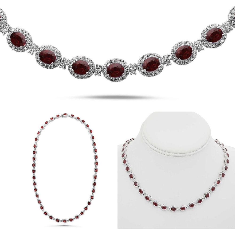 Roman & Jules - 18K White Gold Necklace with Oval Rubies and Round Diamond Halo - 6.42 Carat Total Ruby Weight, 18.89 Carat Total Diamond Weight