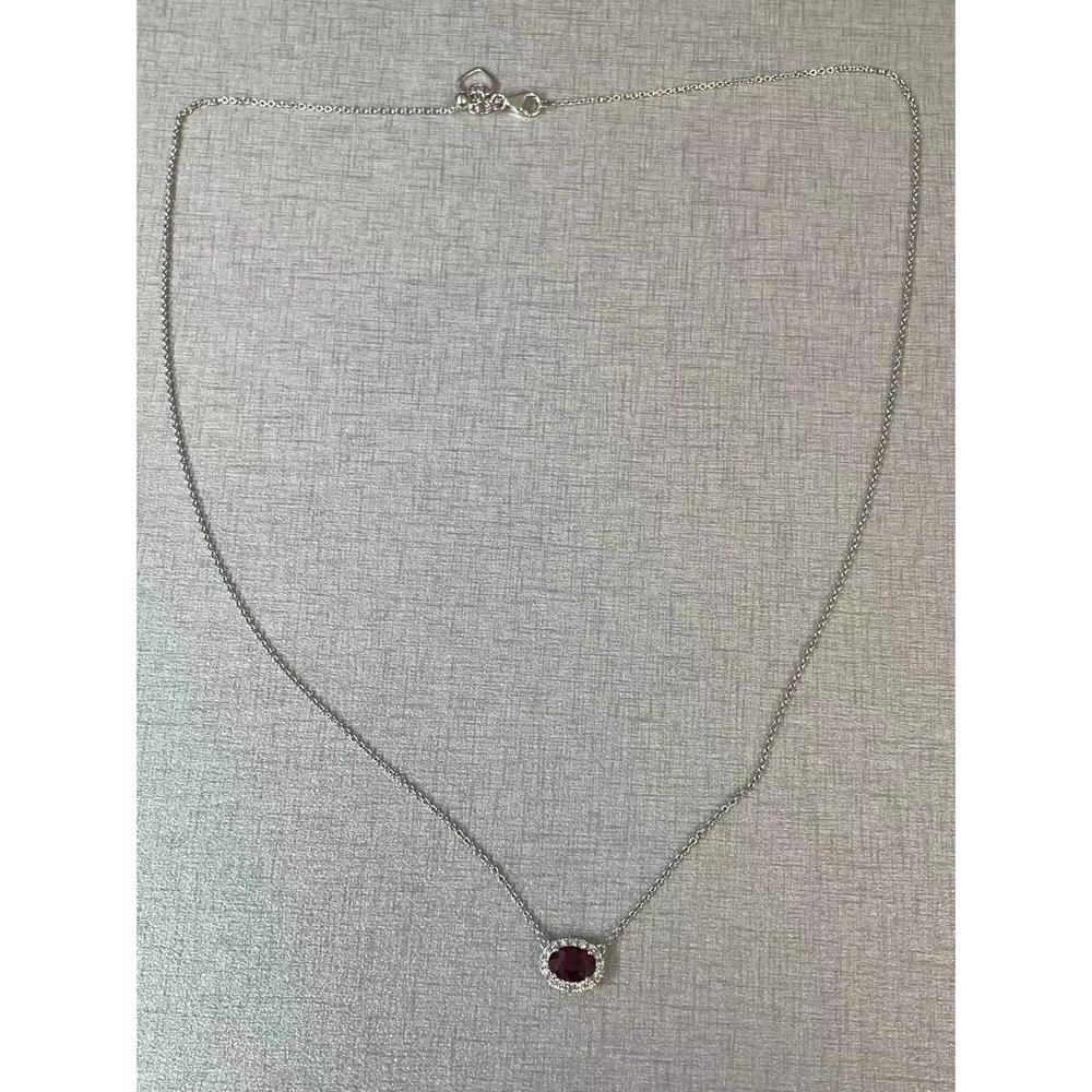 Roman & Jules - 18K White Gold Necklace with Oval Ruby and Diamond Halo - 0.62 Carat Ruby, 0.10 Carat Round Diamond