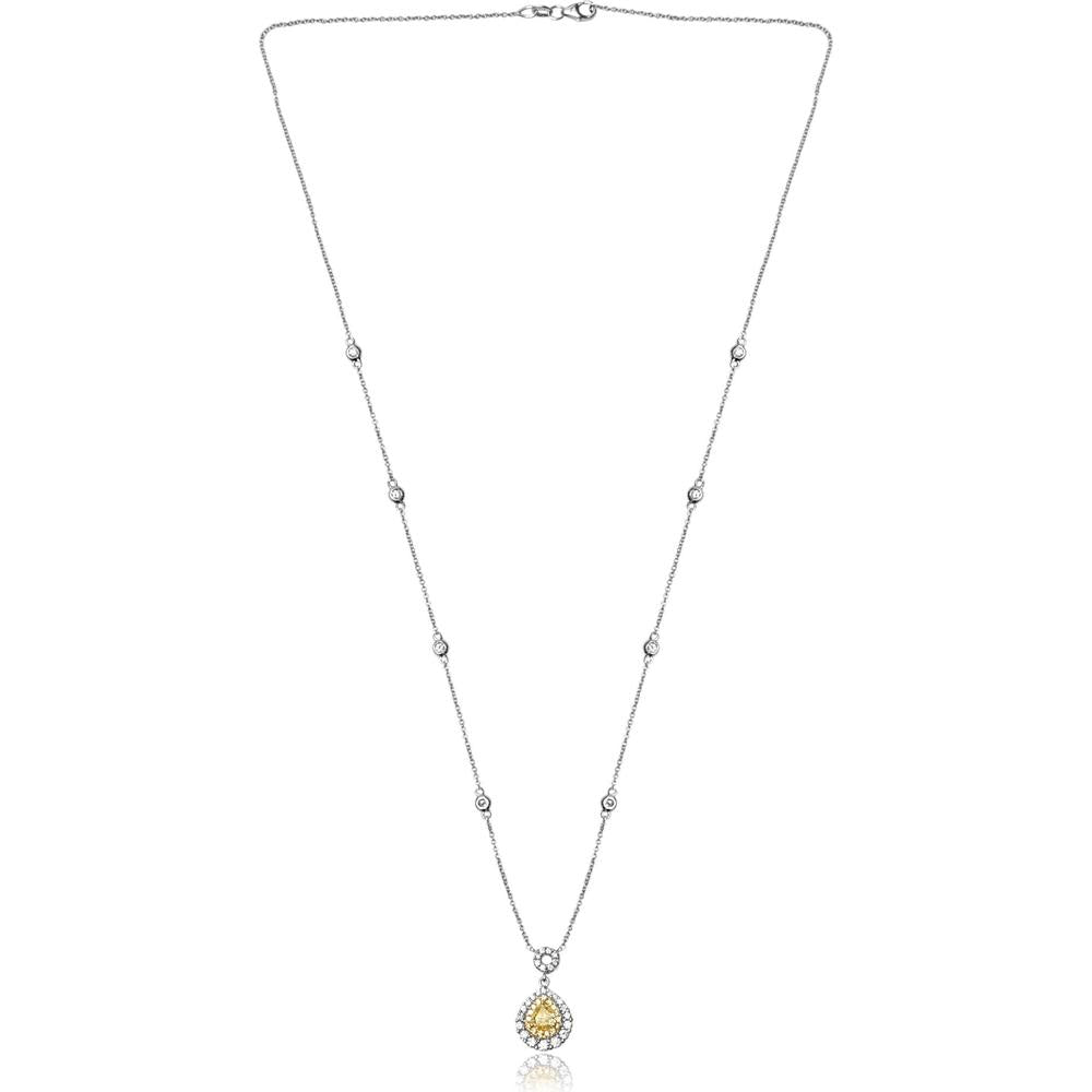 Roman & Jules - 18K White Gold Necklace with Pear-Shaped Fancy Yellow Diamond and Round Diamond Halo - 1.13 Carat Total Diamond Weight
