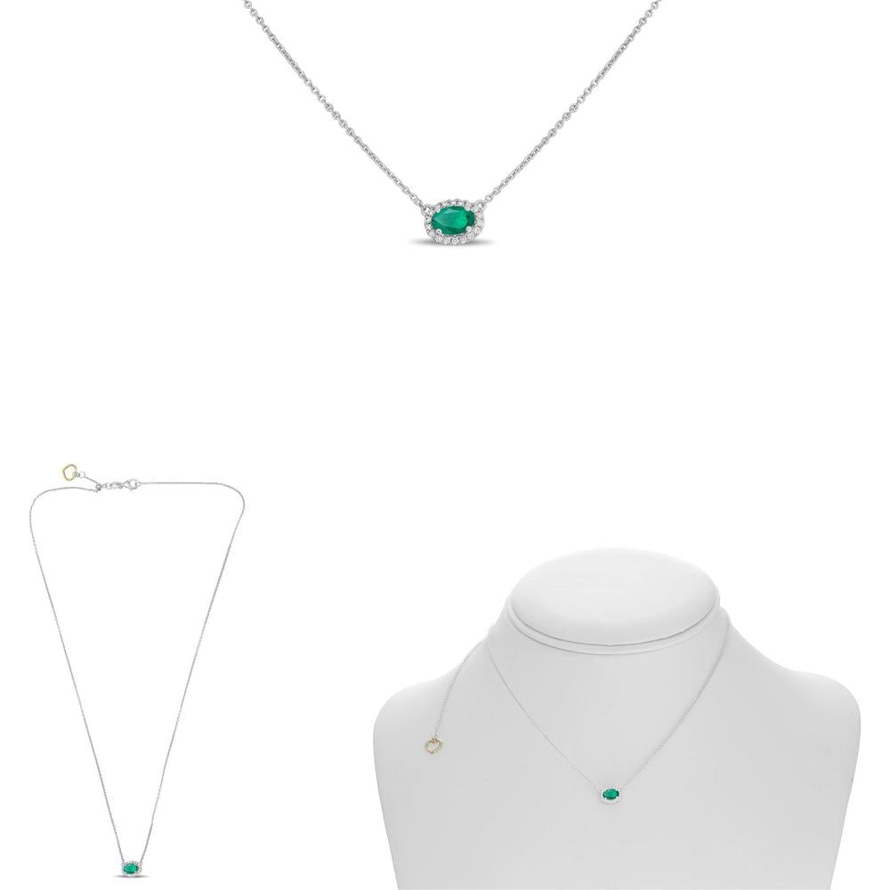 Roman & Jules - 18K White Gold Oblong Emerald & Diamond Halo Necklace with 0.46 Carat Emerald and 0.09 Carat Total Diamond Weight
