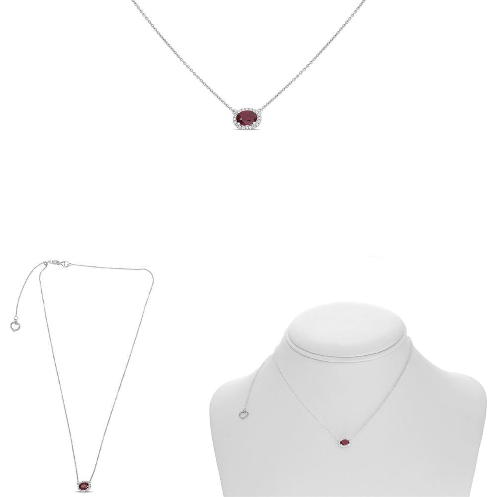 Roman & Jules - 18K White Gold Oblong Ruby Necklace with Diamond Halo - 0.50 Carat Ruby, 0.09 Carat Diamond
