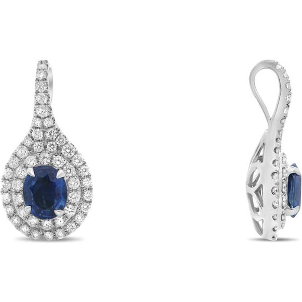 Roman & Jules - 18K White Gold Oval Blue Sapphire Double Halo Earrings with Round Diamond Accents - 0.39 Carat Total Diamond Weight