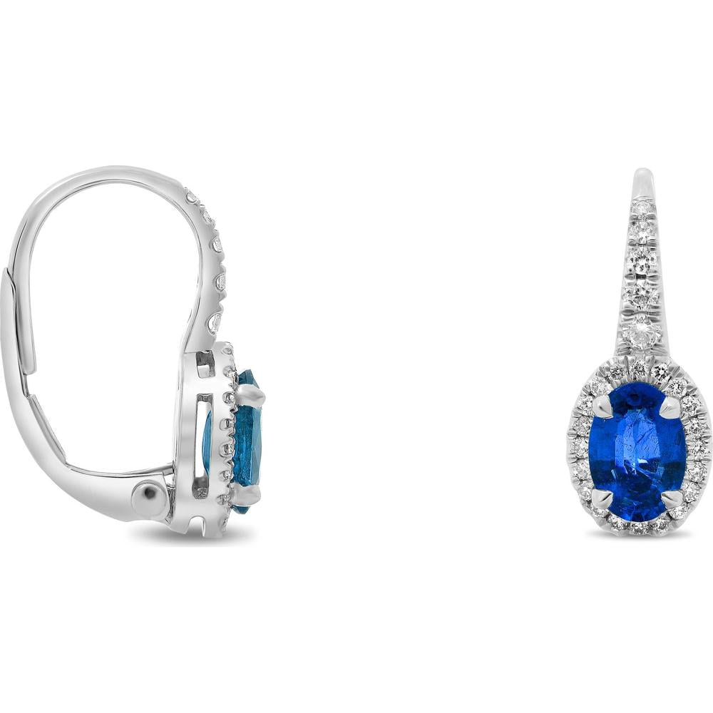 Roman & Jules - 18K White Gold Oval Blue Sapphire Halo Drop Earrings with Round Diamond Accents - 1.25 Carat Total Sapphire Weight