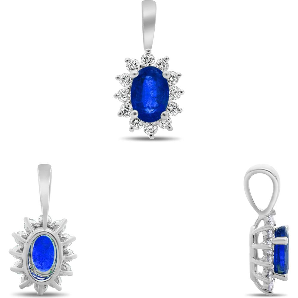 Roman & Jules - 18K White Gold Oval Blue Sapphire Halo Pendant with Round Diamonds - 0.50 Carat Total Diamond Weight