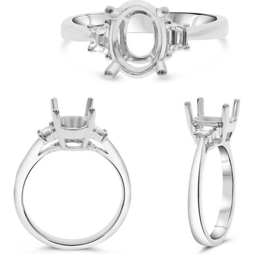 Roman & Jules - 18K White Gold Oval Diamond Ring with Trapezoidal Side Stones - 0.66 Carat Total Diamond Weight