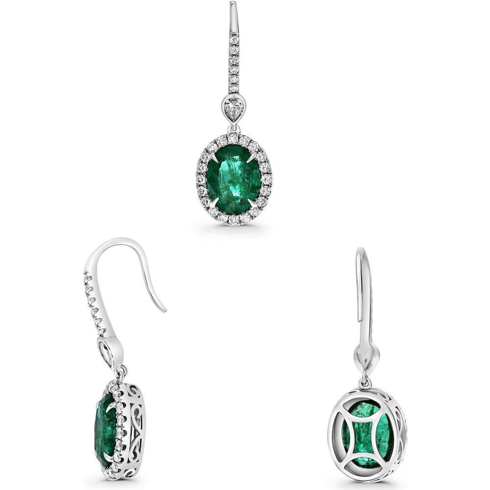 Roman & Jules - 18K White Gold Oval Emerald and Diamond Accent Drop Earrings - 3.05 Carat Total Emerald Weight, 0.82 Carat Total Diamond Weight