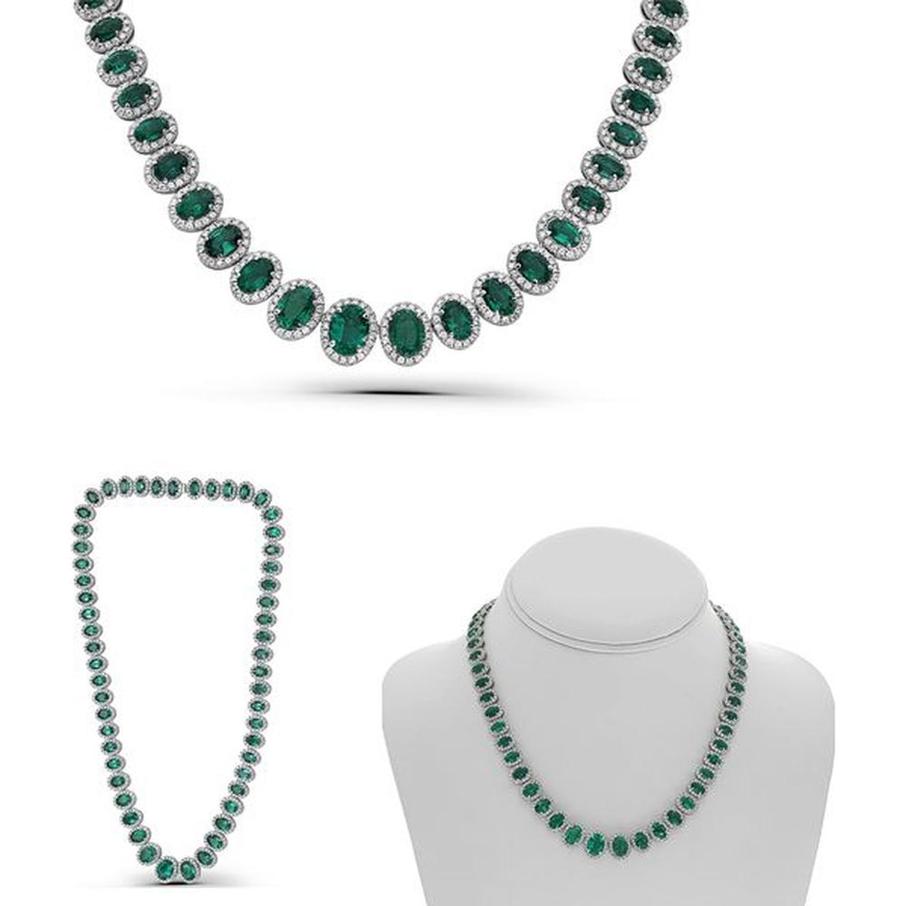 Roman & Jules - 18K White Gold Oval Emerald and Diamond Halo Necklace - 33.25 Carat Total Emerald Weight, 6.58 Carat Total Diamond Weight