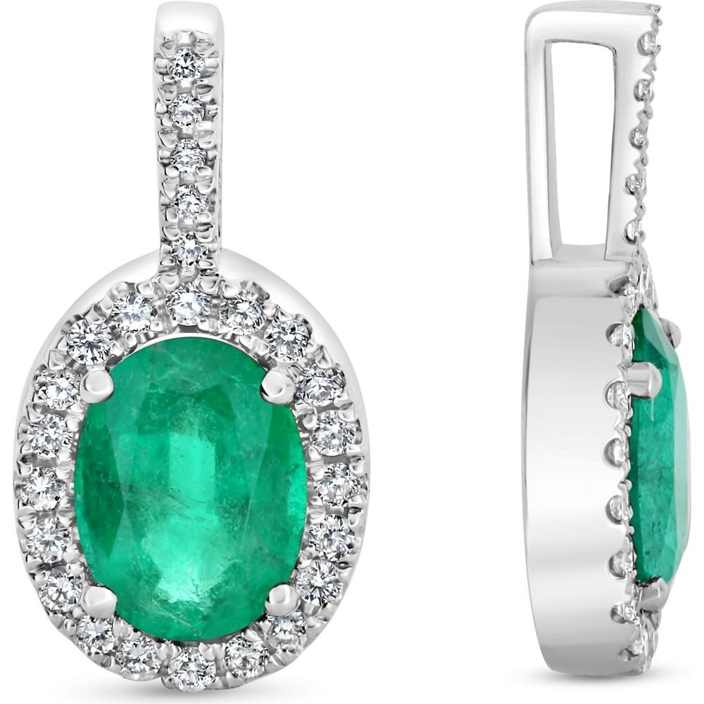 Roman & Jules - 18K White Gold Oval Emerald and Diamond Halo Pendant - 0.73 Carat Emerald, 0.10 Carat Total Diamond Weight