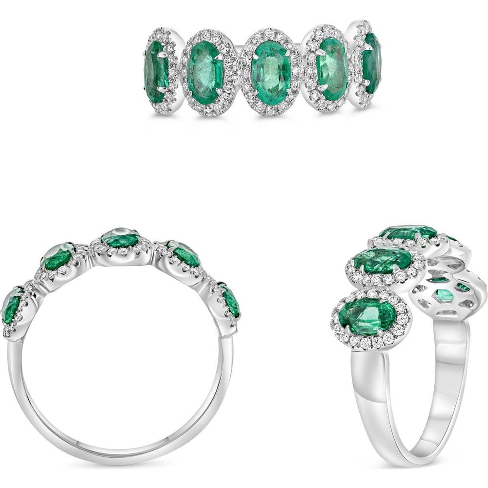 Roman & Jules - 18K White Gold Oval Emerald and Diamond Halo Ring - 1.03 Carat Total Emerald Weight, 0.23 Carat Total Diamond Weight