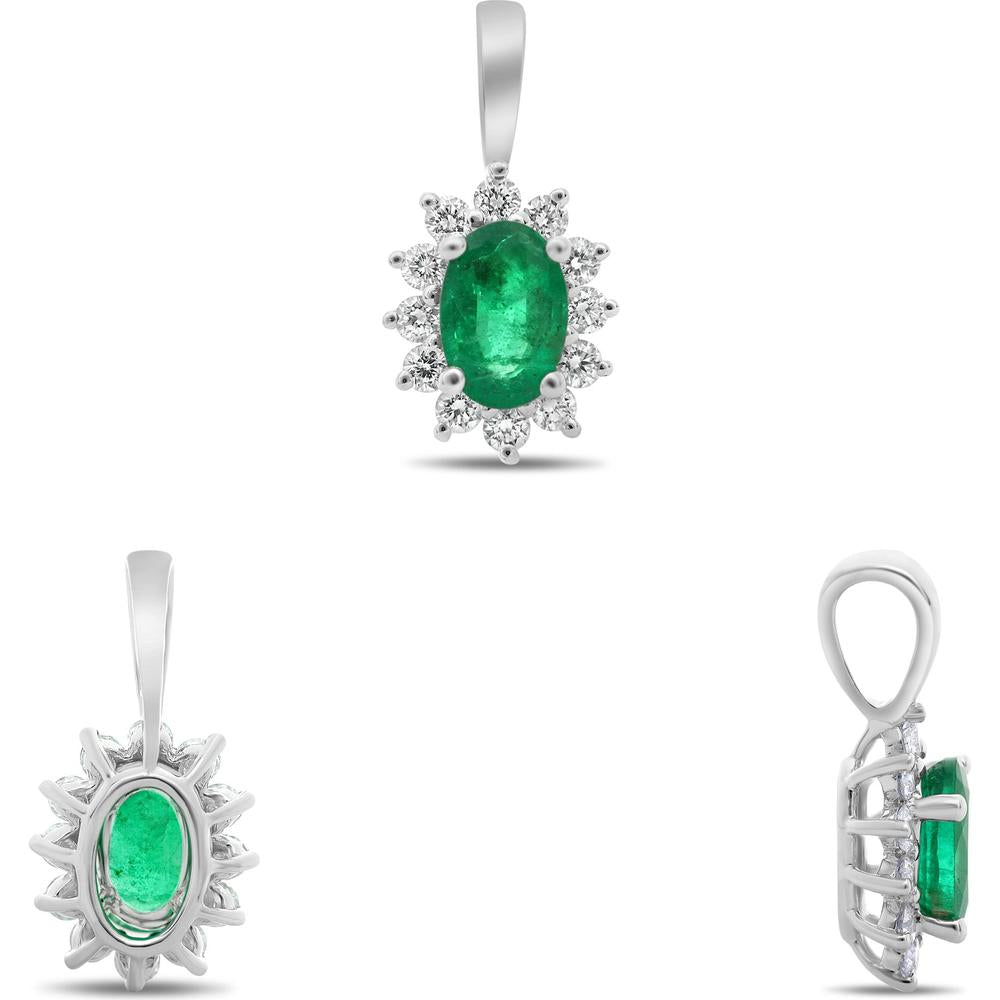 Roman & Jules - 18K White Gold Oval Emerald Halo Pendant with Round Diamonds - 0.40 Carat Total Emerald Weight